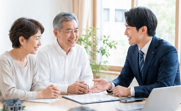 長屋の買取について相談するご夫婦と株式会社GEEZの担当者